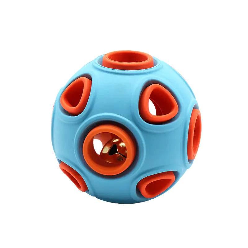 Blue and orange interactive dog toy ball with treat holes and bell for pet play and mental stimulation