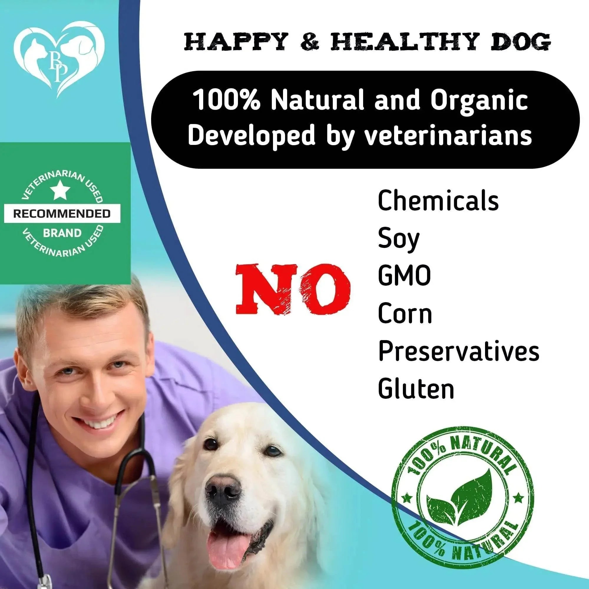 Happy healthy dog with vet, natural organic pet food, no chemicals, soy, GMO, corn, preservatives, or gluten