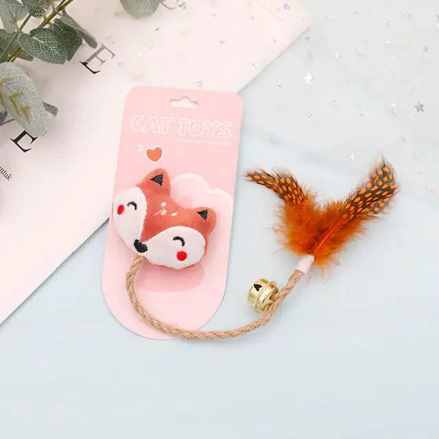 Cute fox cat toy with feather wand and bell, perfect for playful feline fun and pet care essentials.