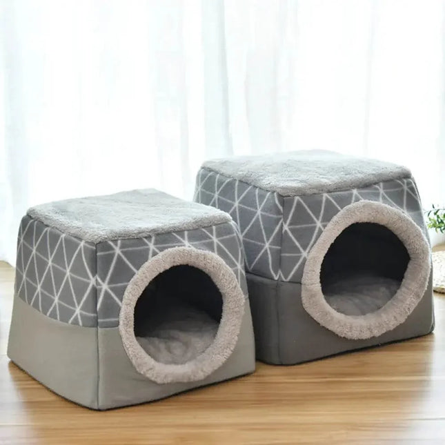 Cozy gray geometric pet beds with plush lining for cats and small dogs