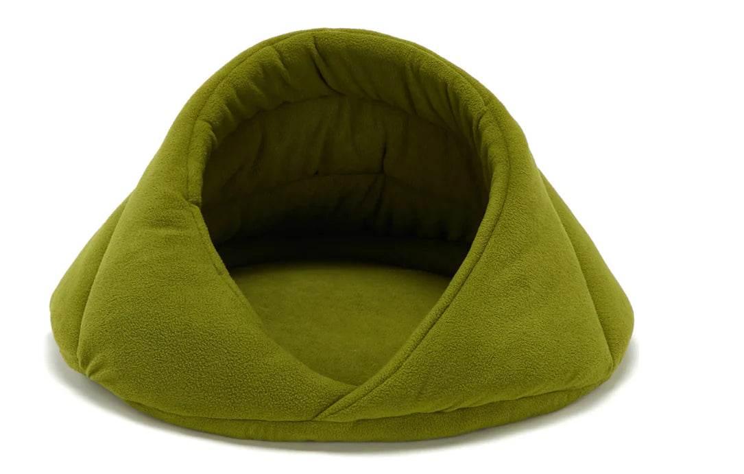 Olive green cozy pet cave bed for cats and small dogs, soft fleece interior, snug hideaway design