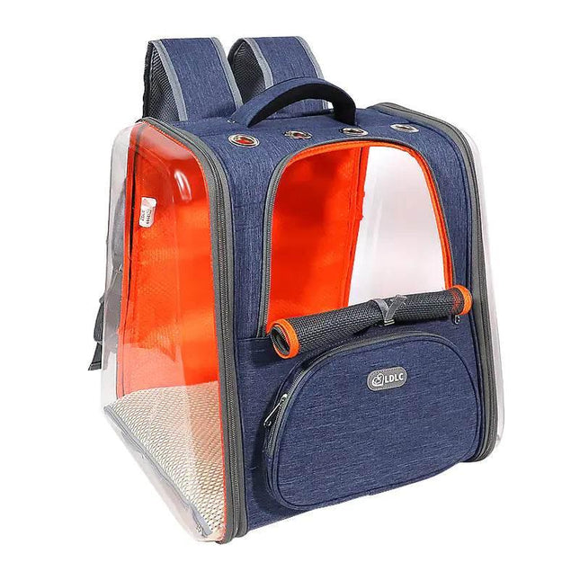 Blue denim pet carrier backpack with clear sides and orange interior, ideal for small dogs or cats