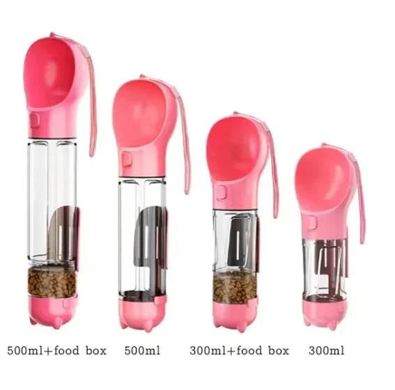 Pink portable pet water bottles with food storage, 300ml and 500ml sizes for dogs and cats