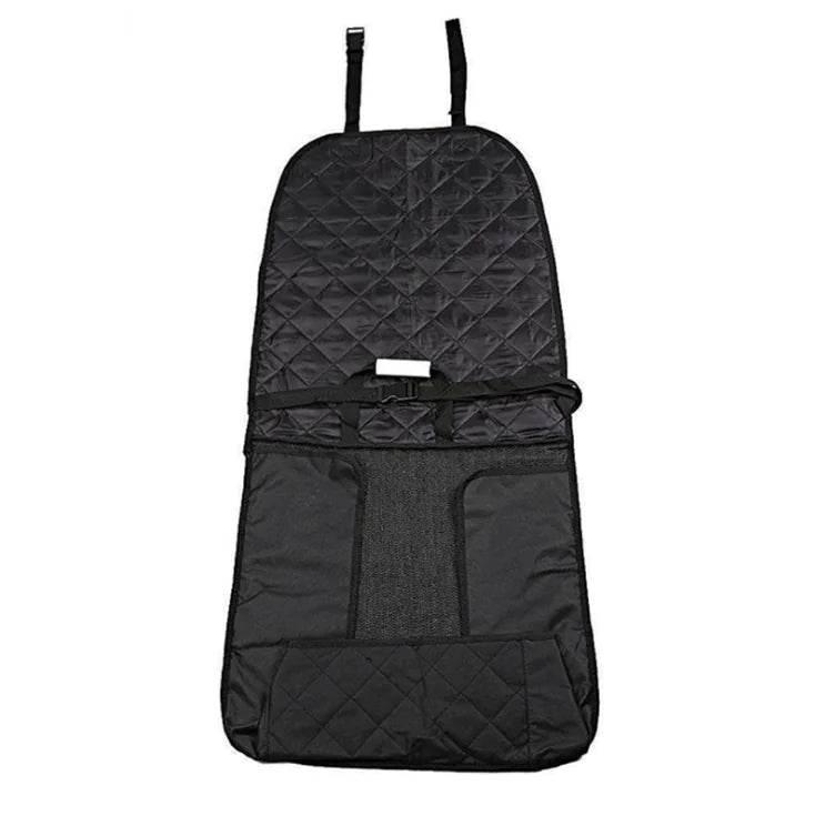 Black quilted pet car seat cover with storage pockets and headrest straps for dogs and cats