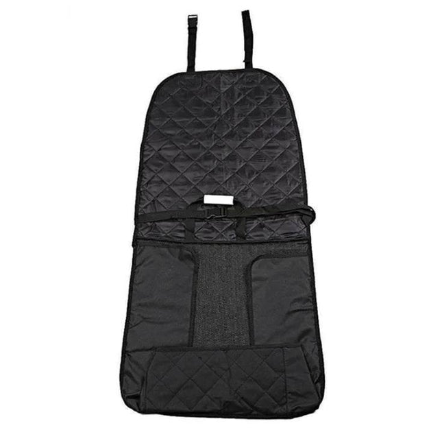 Black quilted pet car seat cover with storage pockets and headrest straps for dogs and cats