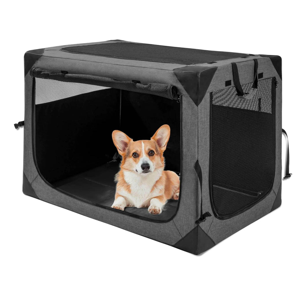 Corgi in gray portable dog crate with mesh panels and carry handles, ideal for pet travel and home use.