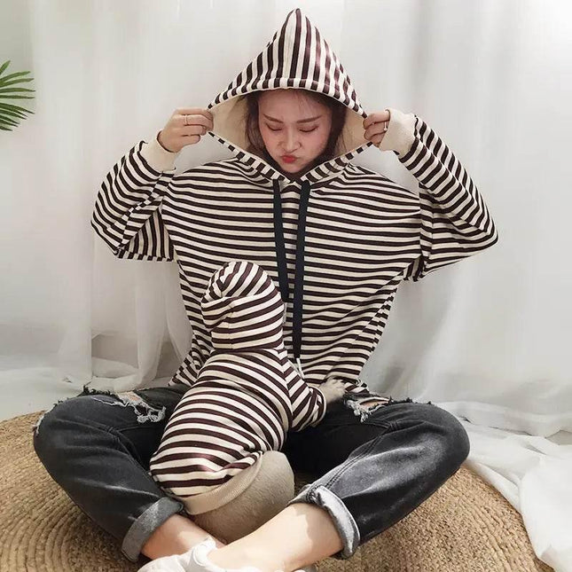 Striped pet hoodie with matching dog outfit, cozy indoor wear for pets and owners