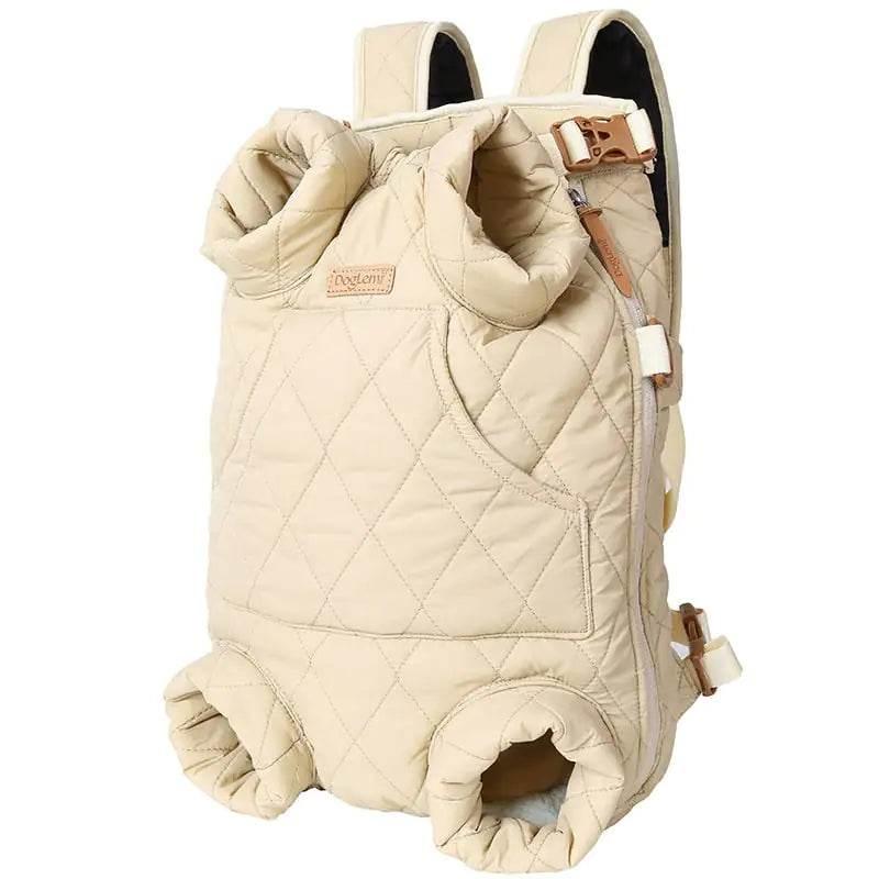 Beige quilted pet carrier backpack with adjustable straps and cozy openings for small dogs or cats