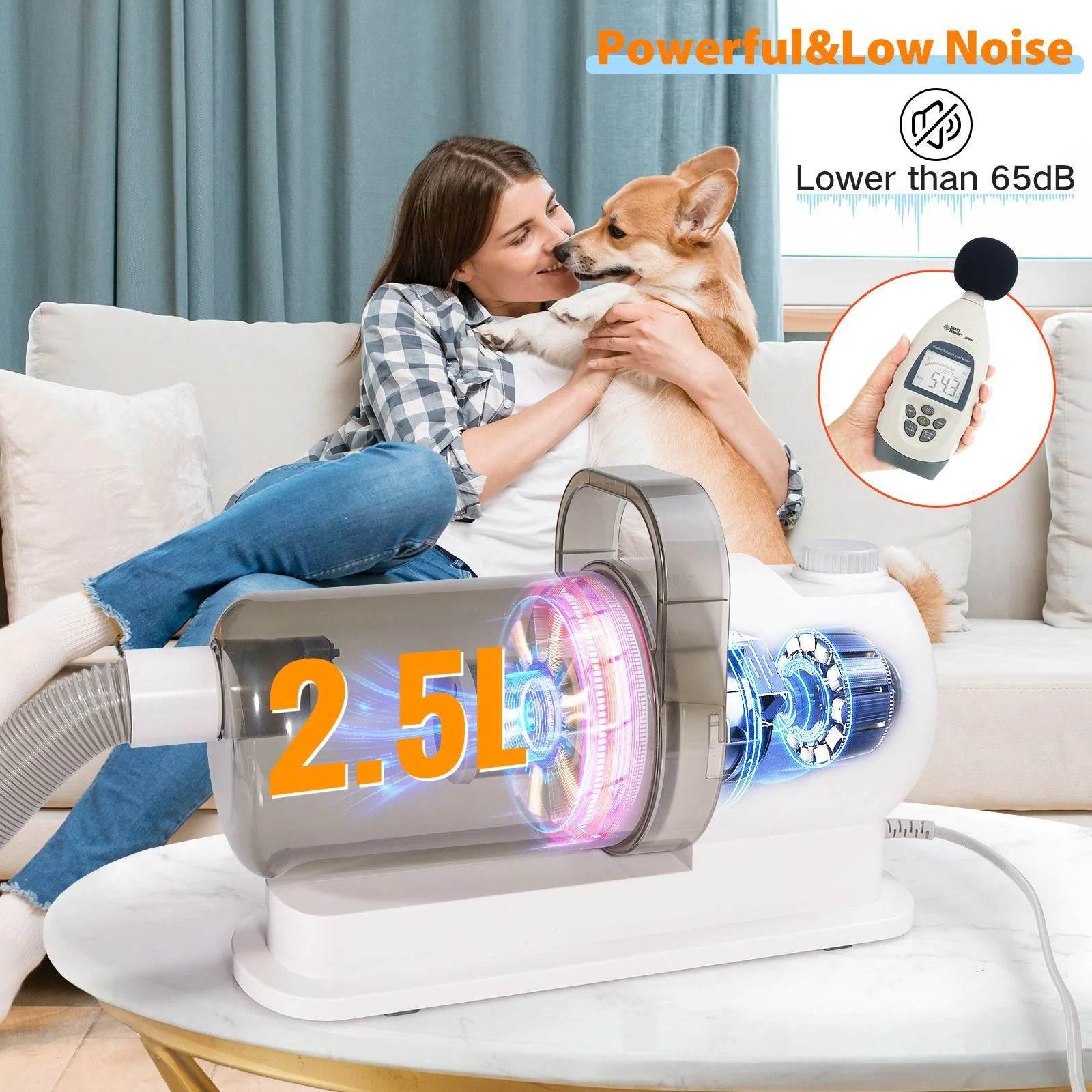 Quiet 2.5L pet hair dryer for dogs, low noise under 65dB, powerful grooming tool for home use
