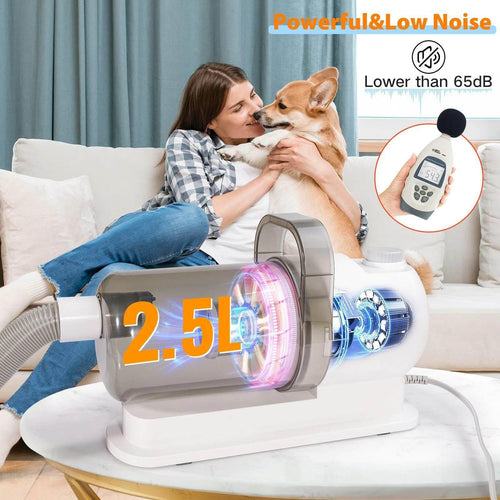 Quiet 2.5L pet hair dryer for dogs, low noise under 65dB, powerful grooming tool for home use