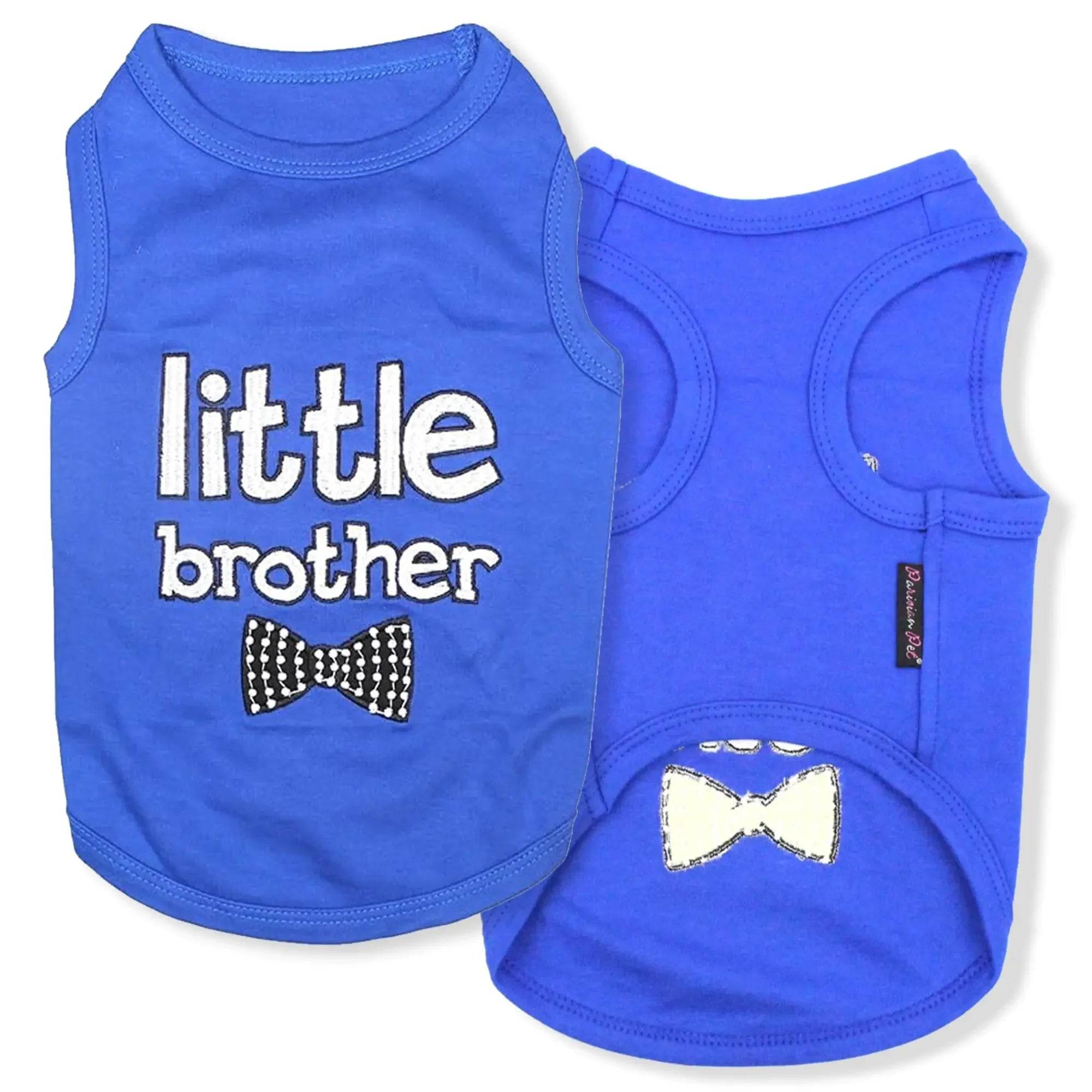 Blue dog tank top with 'little brother' text and bow tie design, pet apparel for dogs