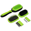 Green and black pet grooming brush set with slicker, pin, and flea combs for dogs and cats