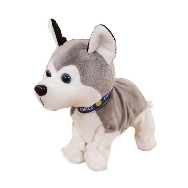 Plush husky dog toy with blue eyes and 'SMILE' collar, perfect pet accessory for dogs and cats