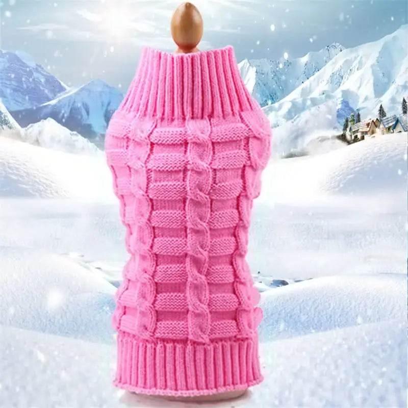 Pink knitted pet sweater with cable pattern, cozy winter wear for dogs or cats