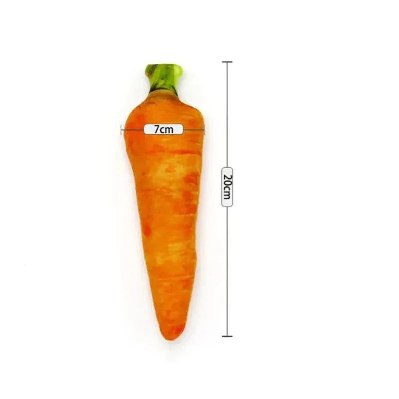 Plush carrot dog toy, 20cm long, orange with green top, pet accessory for play and chew