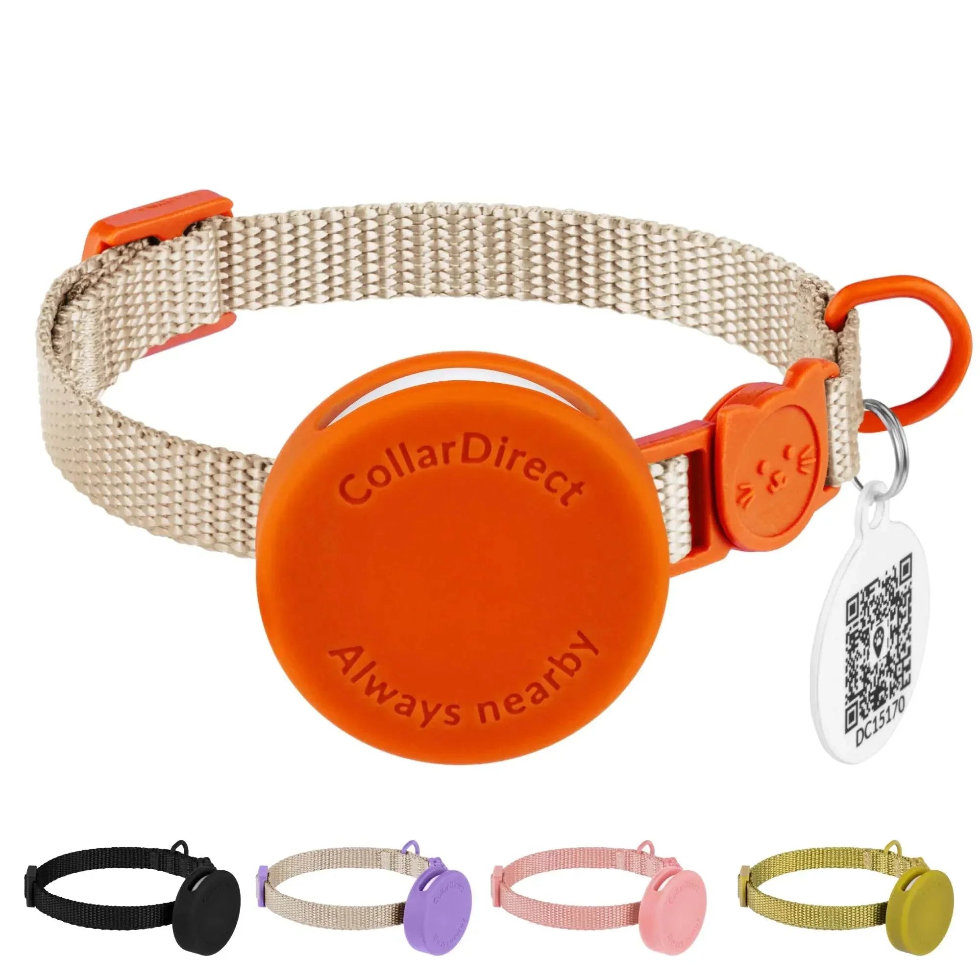 CollarDirect pet tracker collar with QR tag, available in multiple colors for dog and cat safety