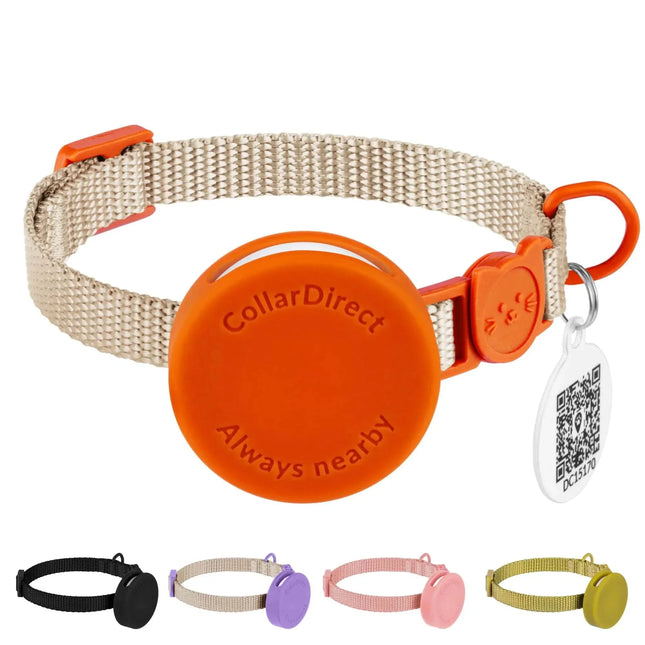 CollarDirect pet tracker collar with QR tag, available in multiple colors for dog and cat safety
