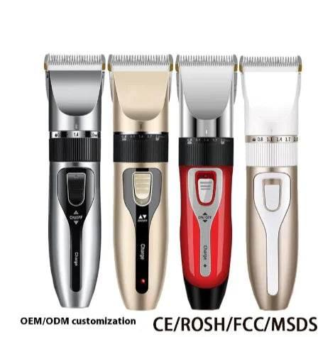 Pet grooming clippers in silver, gold, red, and white for dog and cat hair trimming