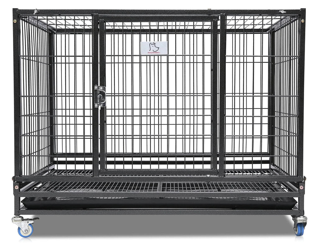 Large black metal dog crate with wheels, secure latch, and removable tray for easy cleaning