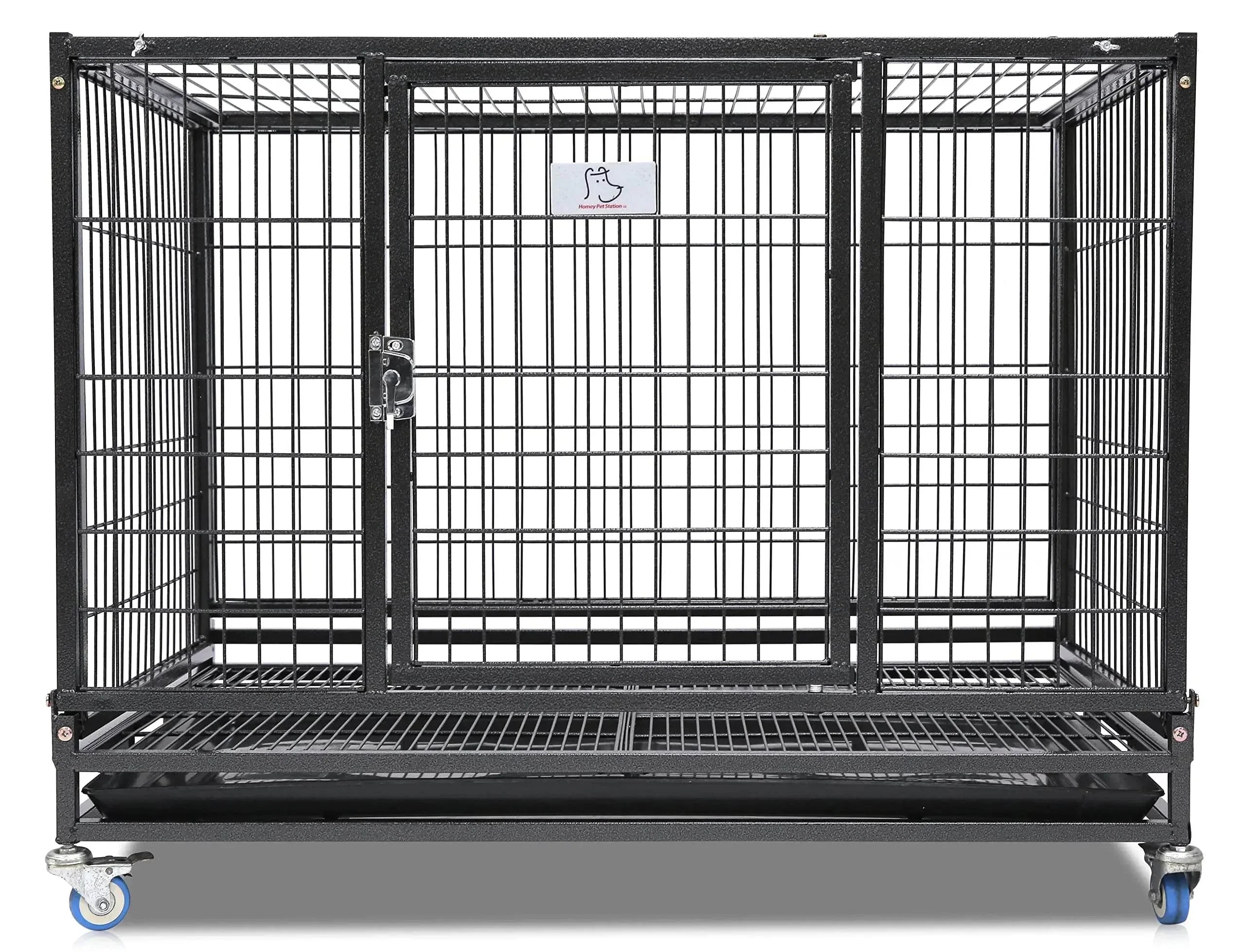Large black metal dog crate with wheels, secure latch, and removable tray for easy cleaning