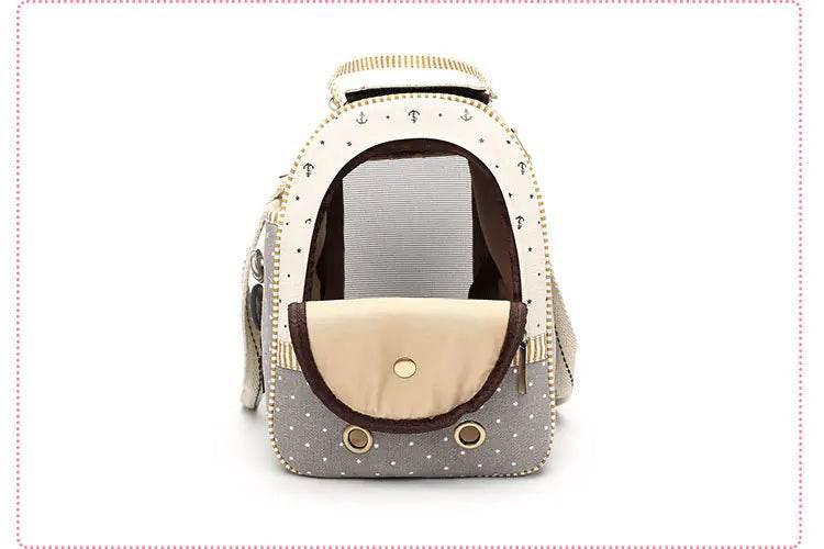 Stylish pet carrier backpack with anchor print, mesh window, and front pocket for small dogs or cats
