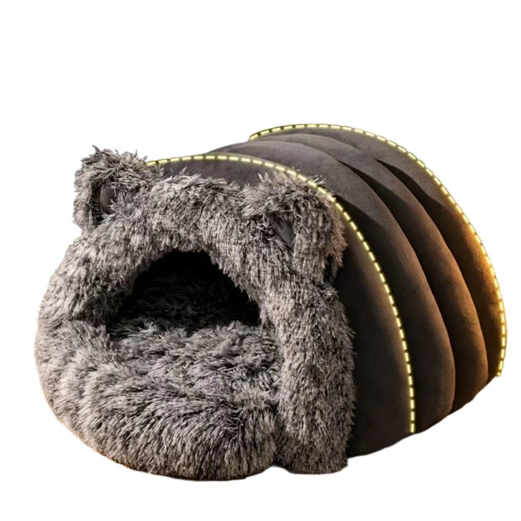 Cozy gray plush pet cave bed with bear ears and golden trim for cats and small dogs