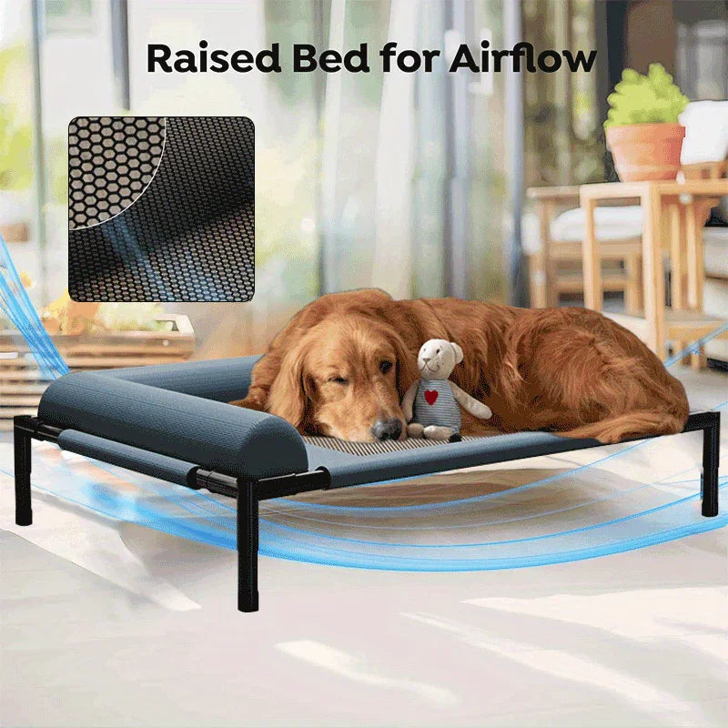 Comfortable raised dog bed with airflow mesh, perfect for pet comfort and cooling.