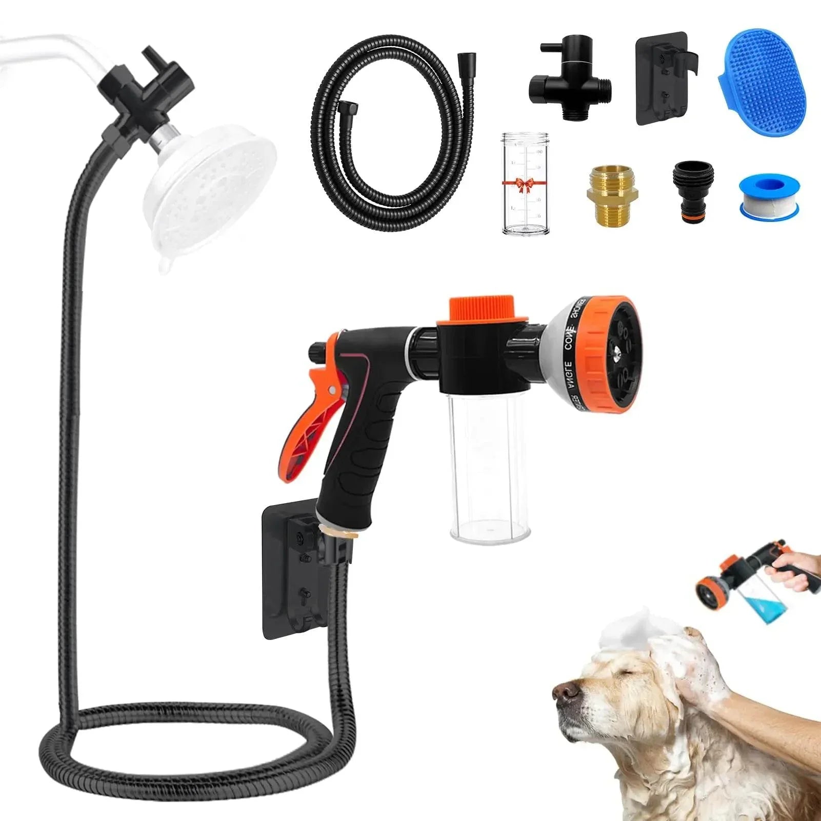 Dog shower kit with handheld sprayer, hose, brush, and accessories for pet grooming and bathing