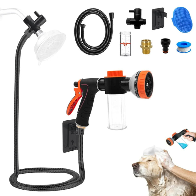 Dog shower kit with handheld sprayer, hose, brush, and accessories for pet grooming and bathing