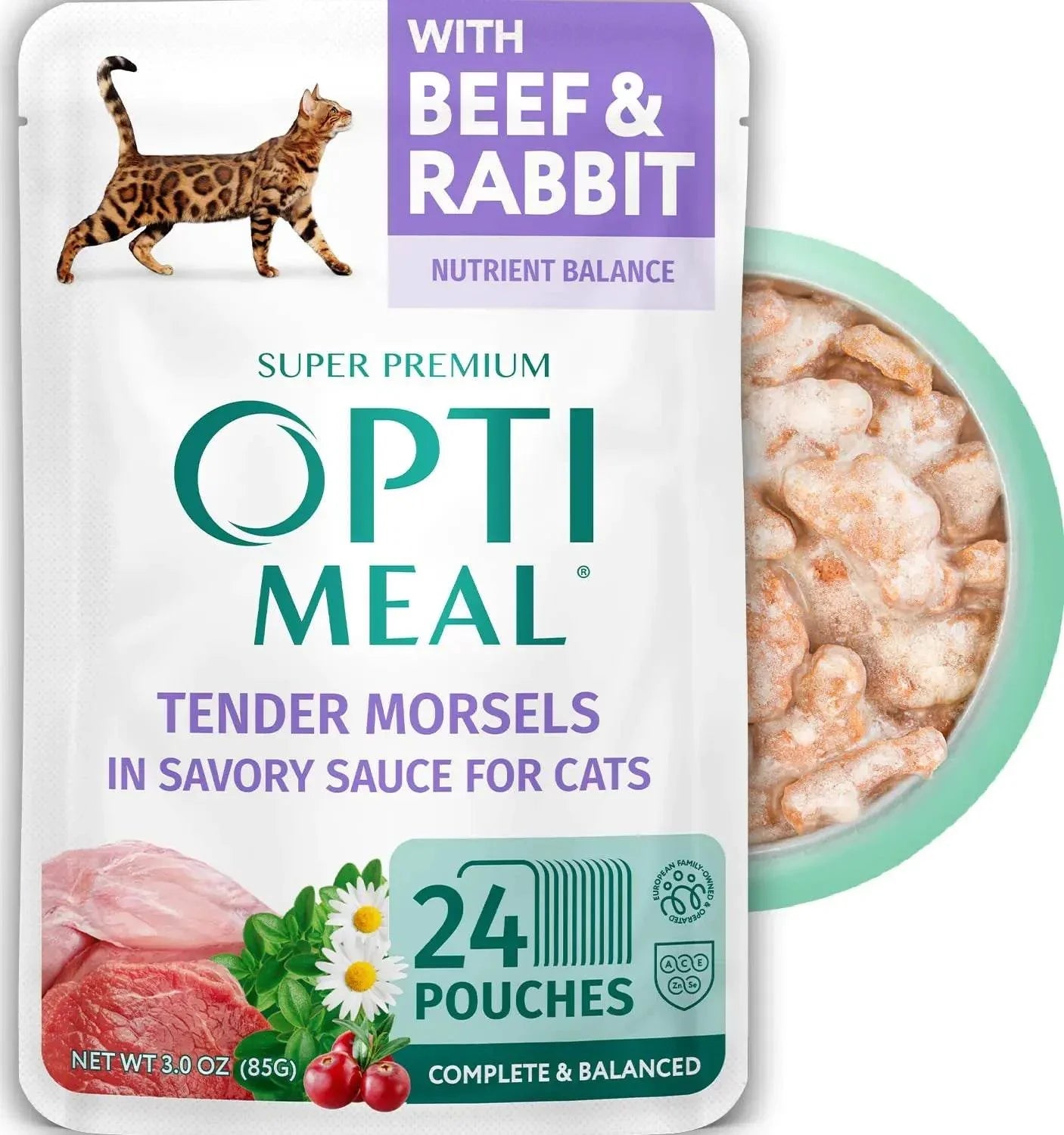 OptiMeal cat food pouch with beef & rabbit tender morsels in savory sauce, complete & balanced for cats