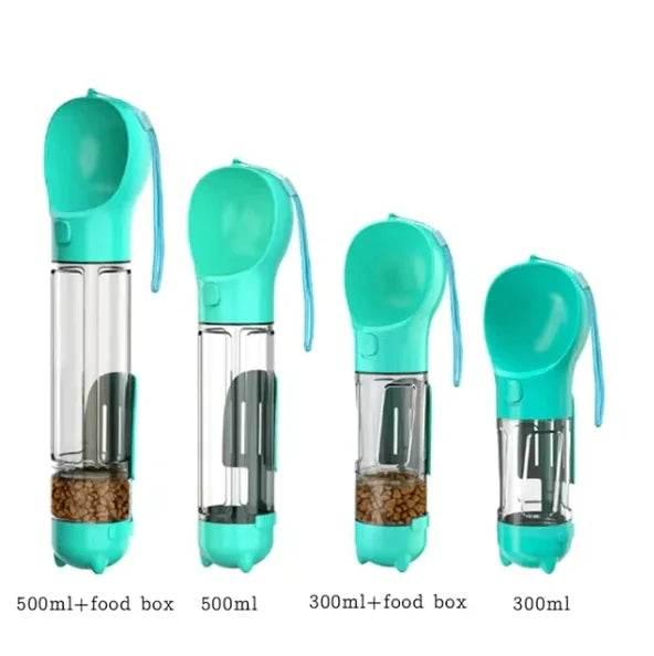 Portable pet water bottles with food storage, 300ml and 500ml sizes for dogs and cats