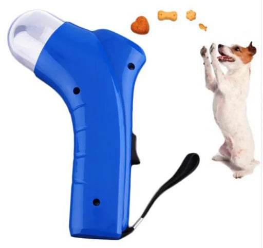 Blue dog treat launcher with flying snacks, fun training toy for pets