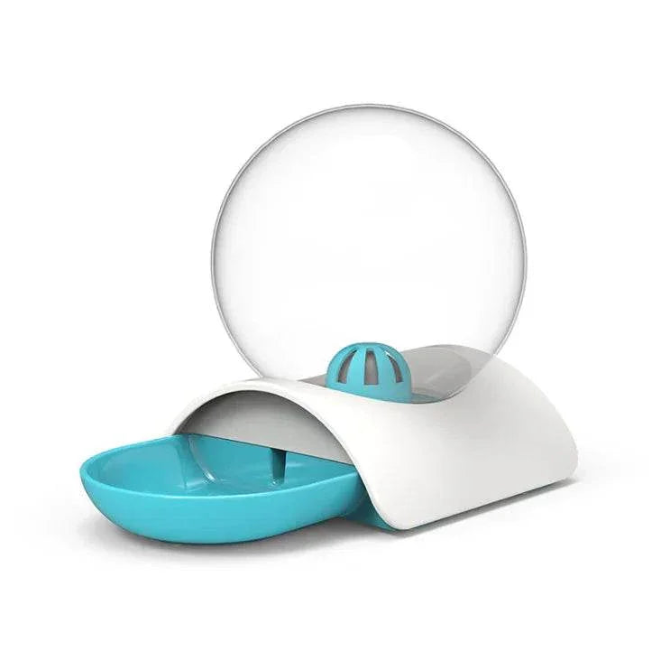 Automatic pet water dispenser with blue bowl and clear dome cover for cats and dogs