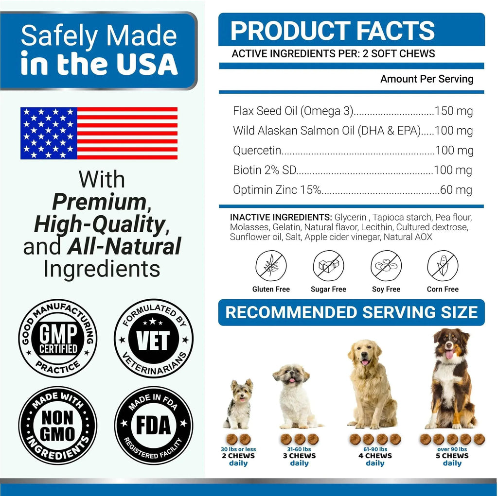 Dog supplement facts: USA-made, all-natural soft chews with Omega-3, salmon oil, gluten-free, vet-formulated for all sizes