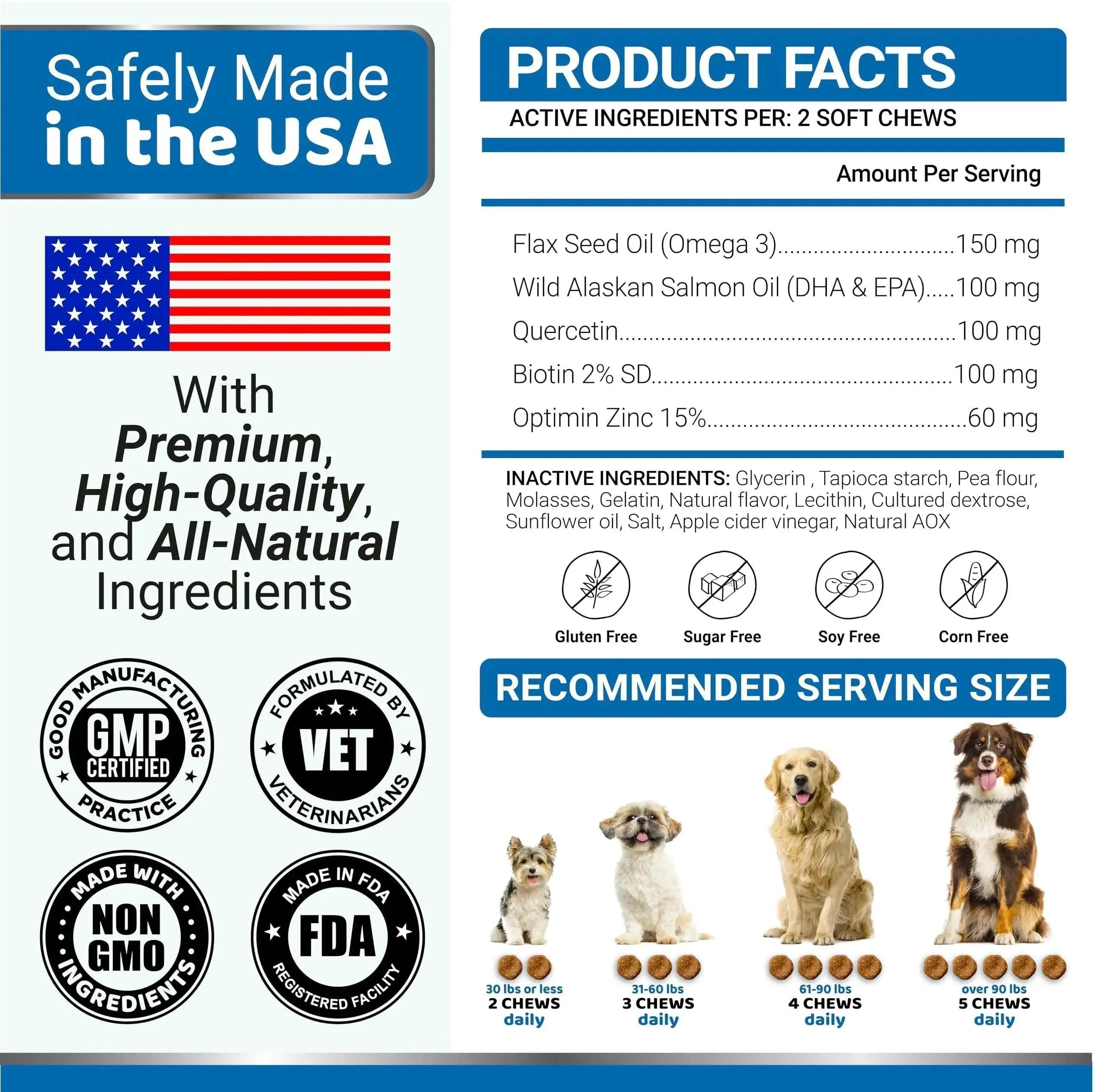 Dog supplement facts: USA-made, all-natural soft chews with Omega-3, salmon oil, gluten-free, vet-formulated for all sizes