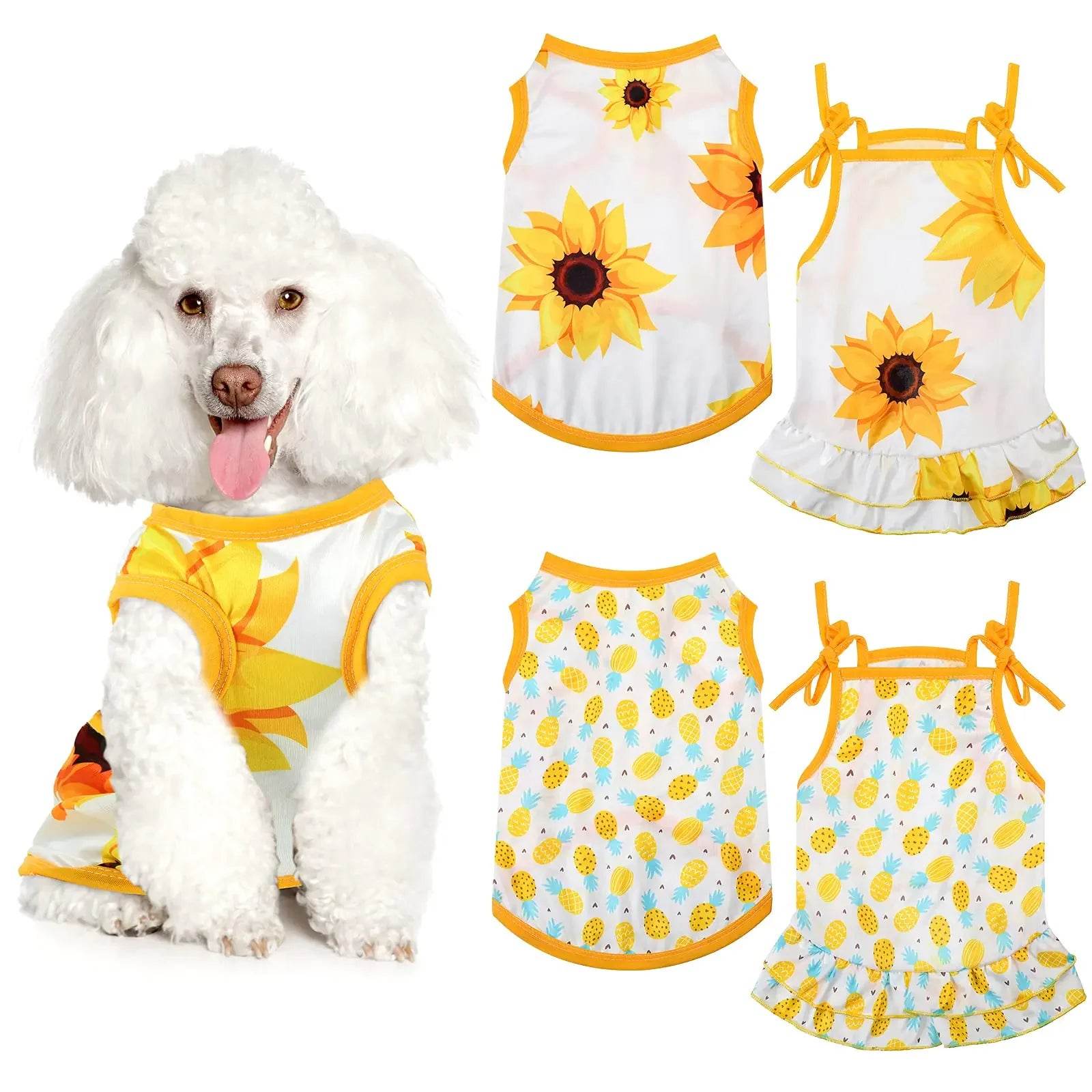 White poodle in sunflower and pineapple print dog dresses, summer pet apparel collection
