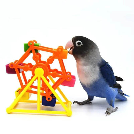 Blue and gray parrot playing with colorful Ferris wheel bird toy for pet enrichment