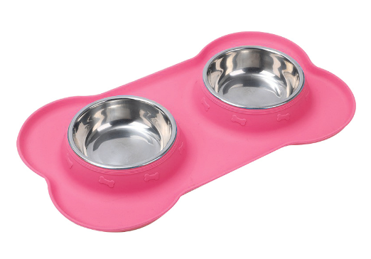 Pink dog bowl mat with two stainless steel bowls for pets, non-slip design, ideal for dog and cat feeding
