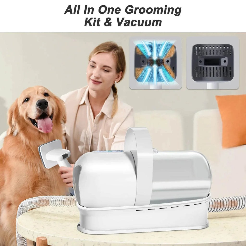 All-in-one pet grooming kit with vacuum for dogs, featuring brush attachments and hair collection system