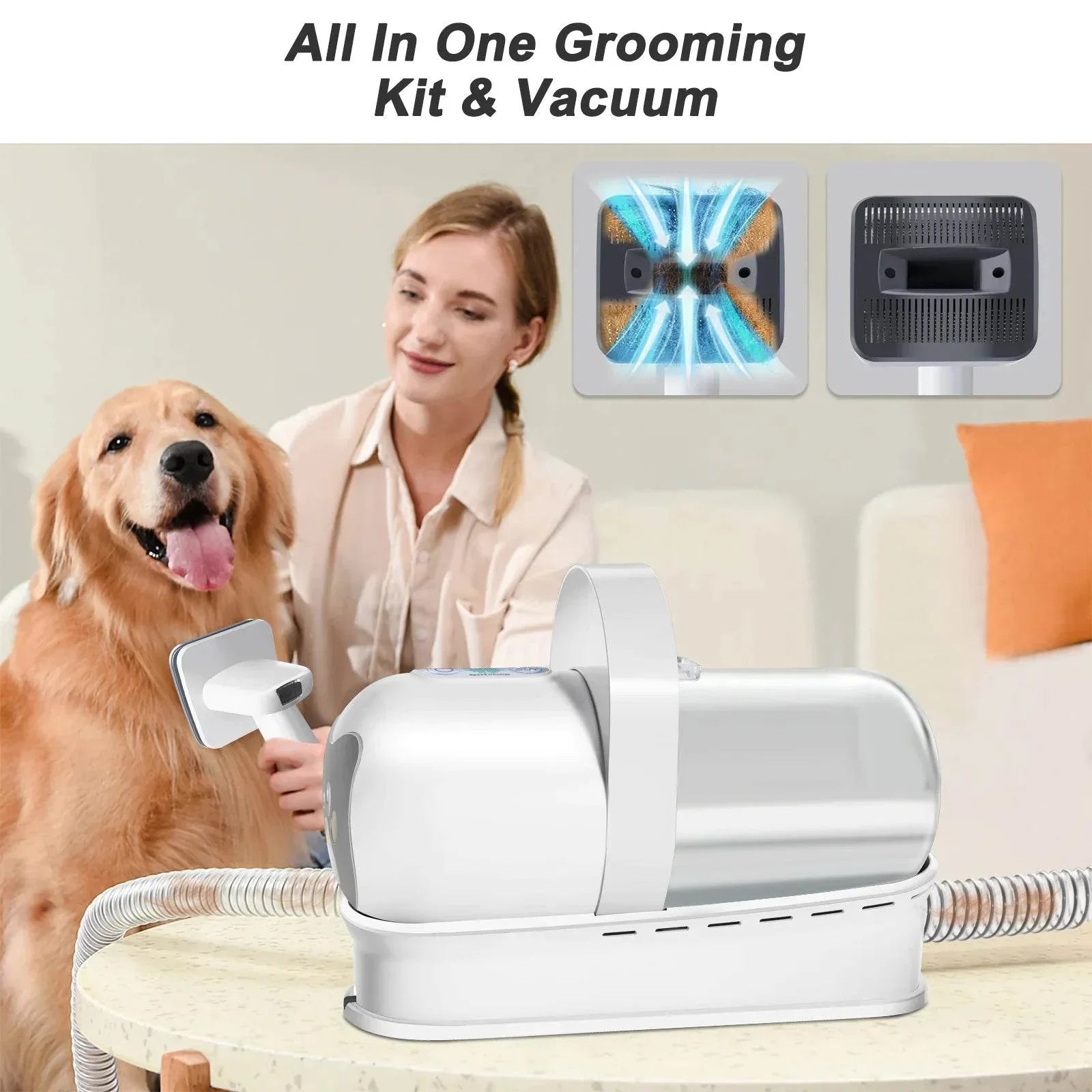 All-in-one pet grooming kit with vacuum for dogs, featuring brush attachments and hair collection system