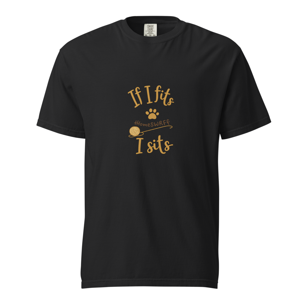 Black cat lover t-shirt with 'If I fits I sits' quote, paw print, and yarn ball design