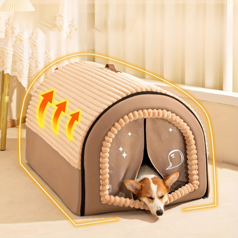 Cozy heated dog bed with soft fleece lining, perfect for small dogs like Corgis to rest comfortably indoors.