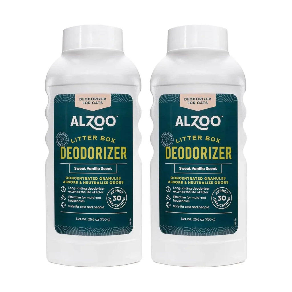 Alzoo cat litter box deodorizer with sweet vanilla scent, concentrated granules for odor control