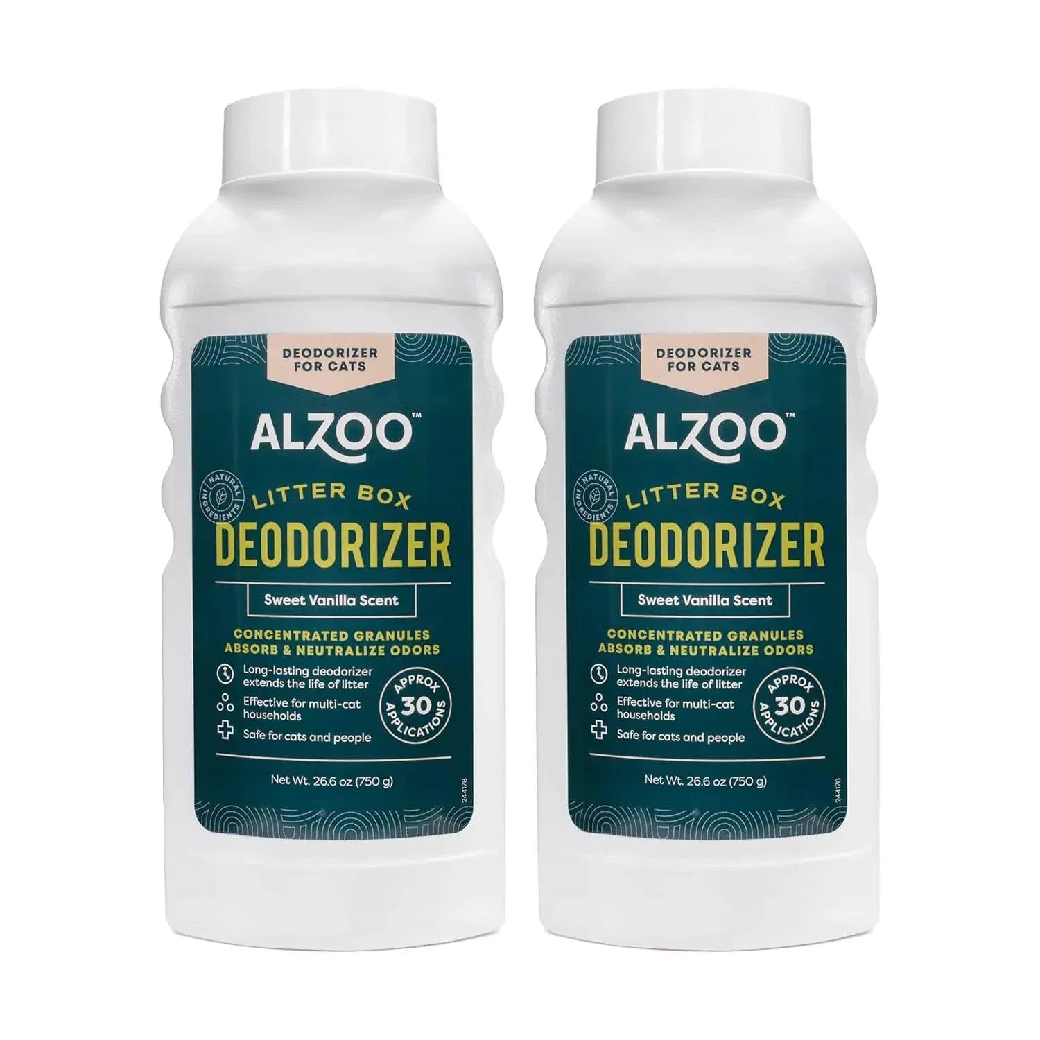 Alzoo cat litter box deodorizer with sweet vanilla scent, concentrated granules for odor control