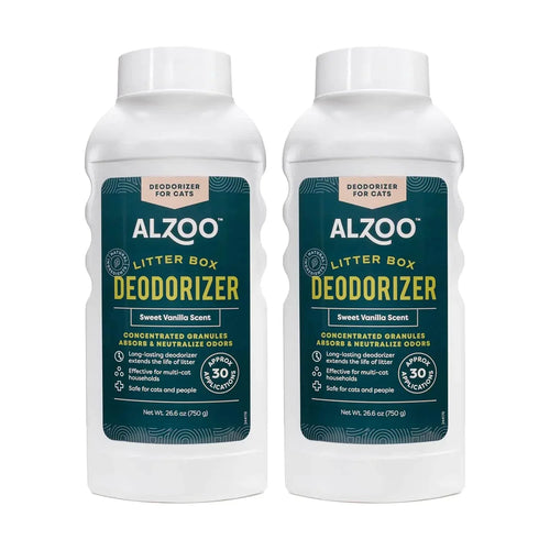 Alzoo cat litter box deodorizer with sweet vanilla scent, concentrated granules for odor control