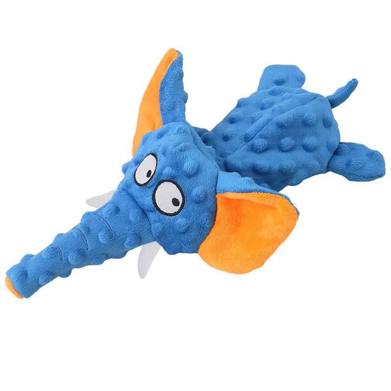 Blue elephant plush dog toy with orange ears and textured surface for pet play
