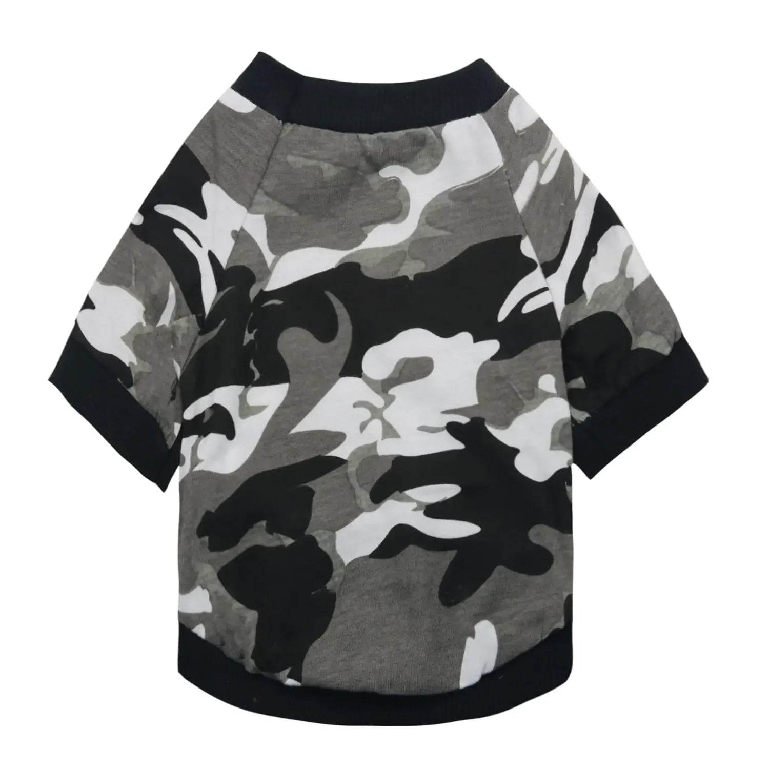 Camouflage dog shirt with black trim, pet clothing for dogs, stylish pet apparel