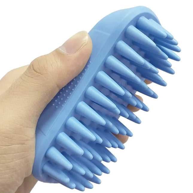 Blue silicone pet grooming brush with soft bristles for dog and cat care