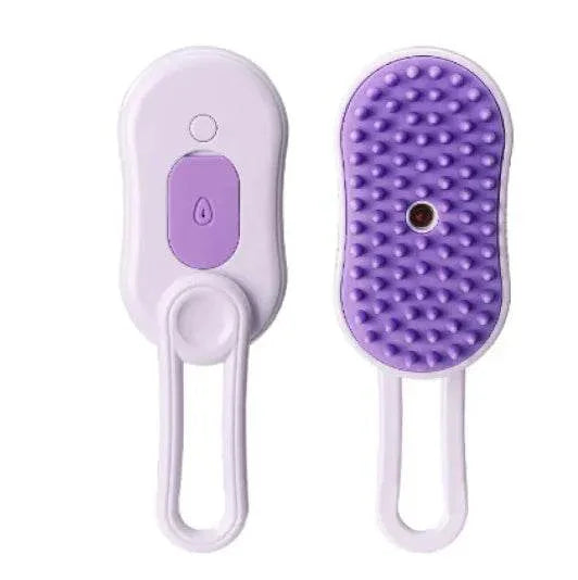 Purple pet grooming brush with massage nodes and ergonomic handle for dogs and cats