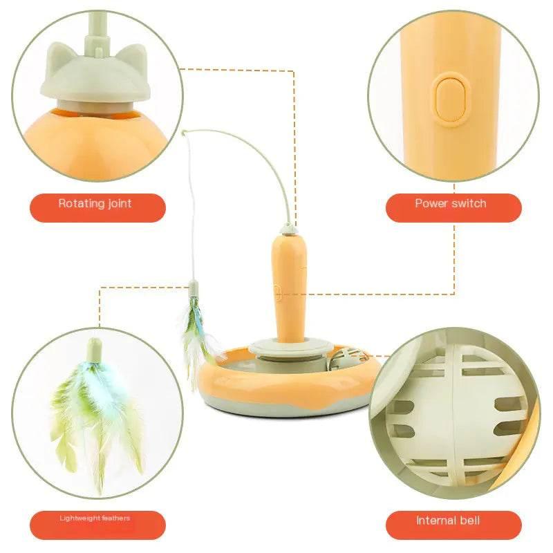 Automatic cat toy with rotating feather wand, power switch, and internal bell for interactive play